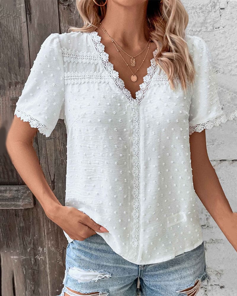 Maggie | Flattering V-Neck Short Sleeve Lace Blouse