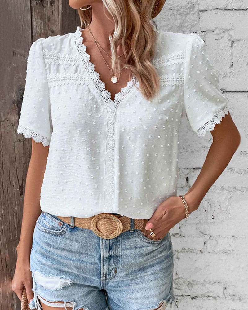 Maggie | Flattering V-Neck Short Sleeve Lace Blouse