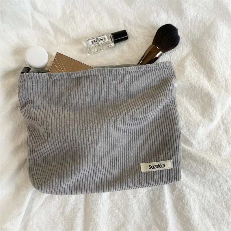 Spacious Corduroy Travel Makeup Bag with Secure Zipper Closure