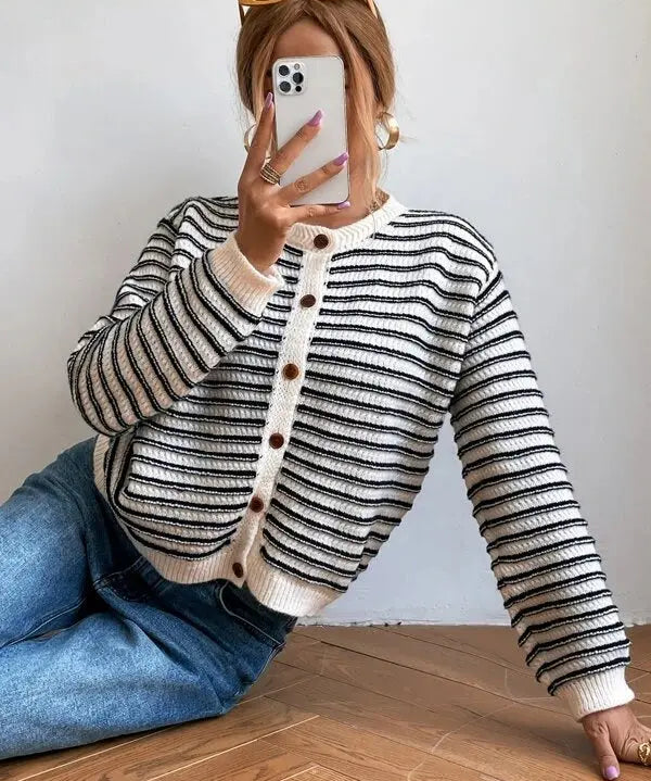 VAIDA | Striped Cardigan with Buttons-Lizabella Fashion