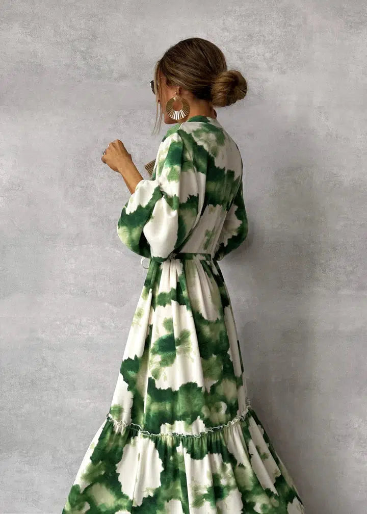 Elna | Green Maxi Dress – Long Sleeves & V-Neck for Effortless Sophistication